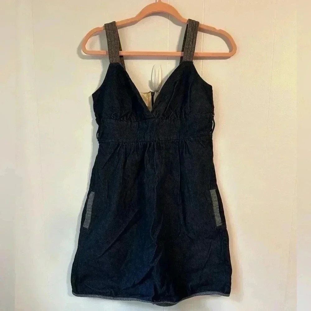 Voom by Joy Han Denim Mini‎ Dress Dark Wash Blue V-Neck D5634 Womens Size M